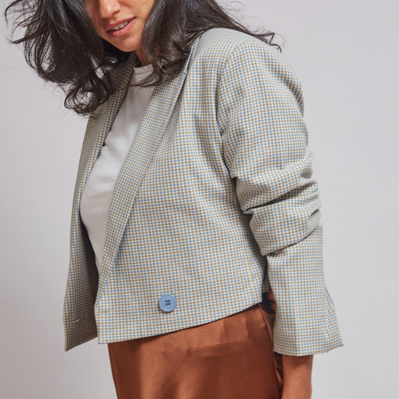 Blazer crop Lagos cuadrados celeste